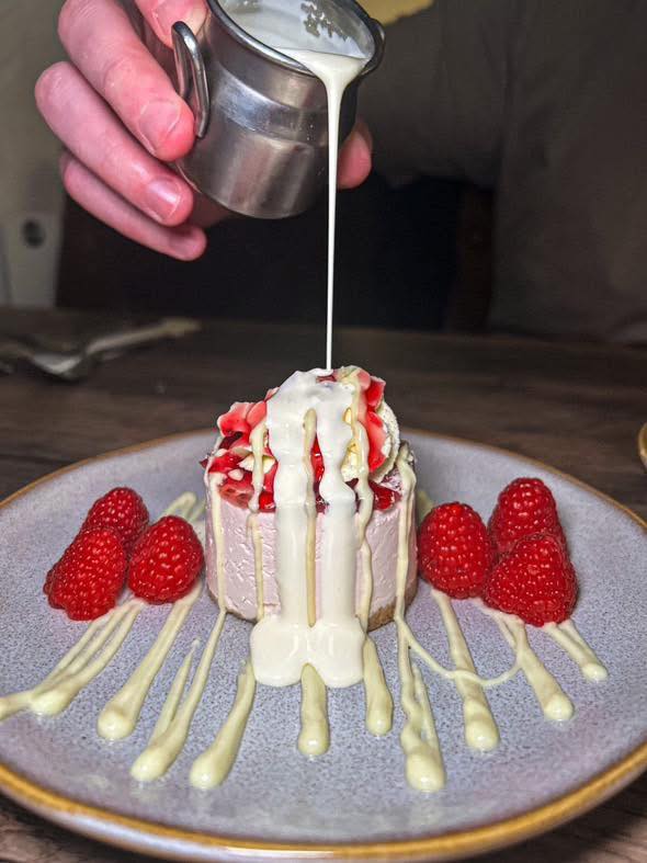 Bistro 8 dish: White Chocolate & Raspberry Cheesecake